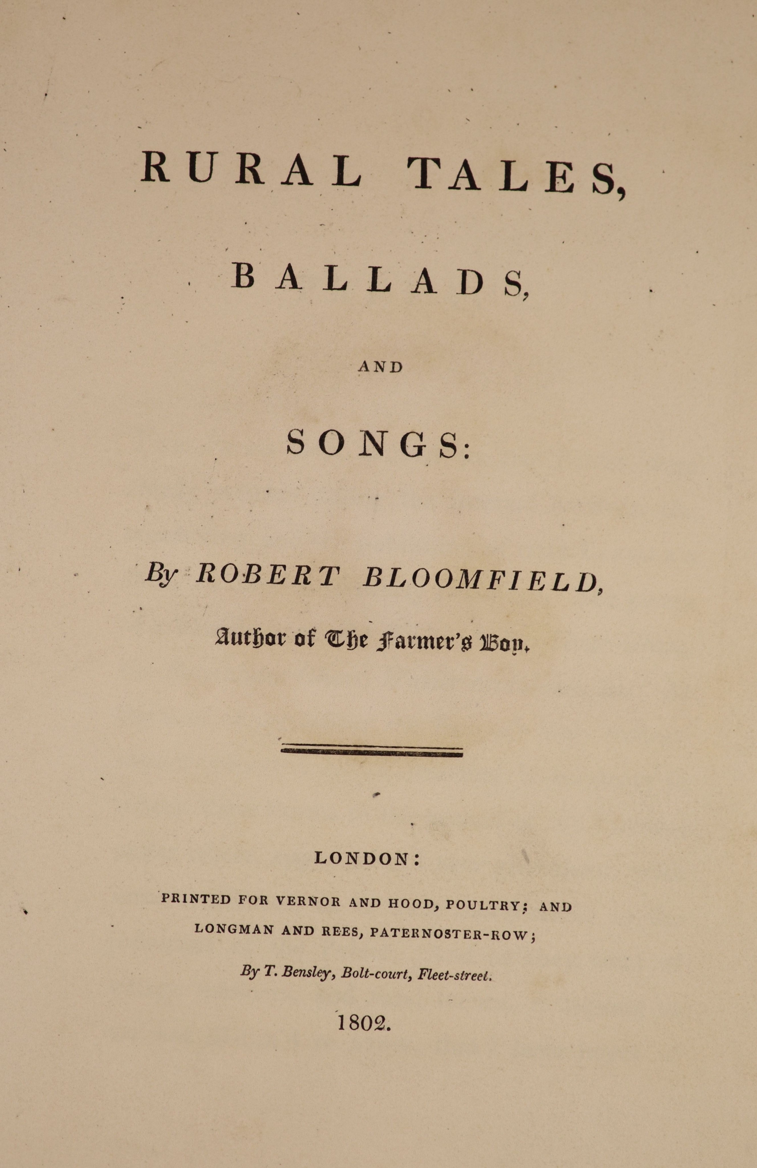 Bloomfield, Robert - Rural Tales, Ballads, and Songs, 1st edition, 4to, later half calf gilt lettered front board, woodcuts by Thomas Bewick, bookplate of Lord Battersea (1843-1907), Vernor and Hood et al, London, 1802